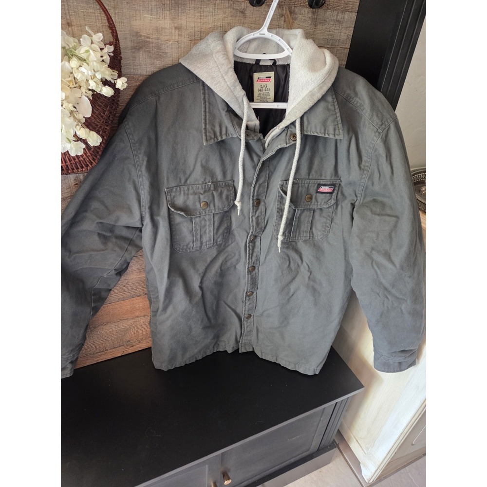 vintage Dickies canvas hooded shirt-jacket in a dark gray, workcore, utility
